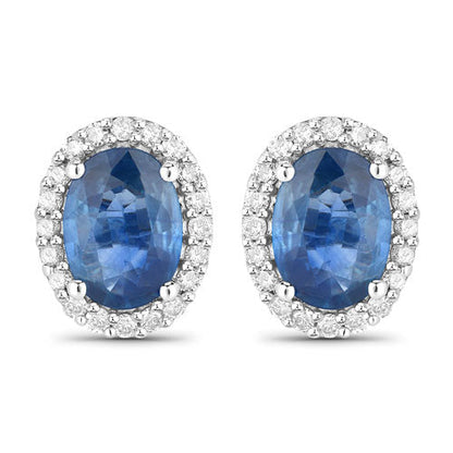 Pendientes de oro blanco de 14 quilates con zafiro azul auténtico de 2,16 quilates y diamantes blancos