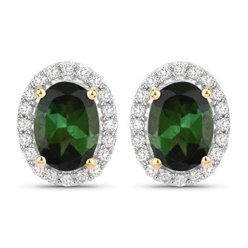 Aretes de oro amarillo de 14 quilates con turmalina verde auténtica de 1,92 quilates y diamantes blancos
