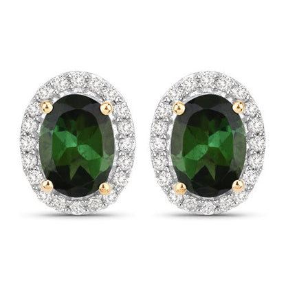 Aretes de oro amarillo de 14 quilates con turmalina verde auténtica de 1,92 quilates y diamantes blancos