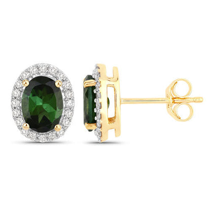 Aretes de oro amarillo de 14 quilates con turmalina verde auténtica de 1,92 quilates y diamantes blancos