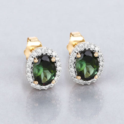 Aretes de oro amarillo de 14 quilates con turmalina verde auténtica de 1,92 quilates y diamantes blancos