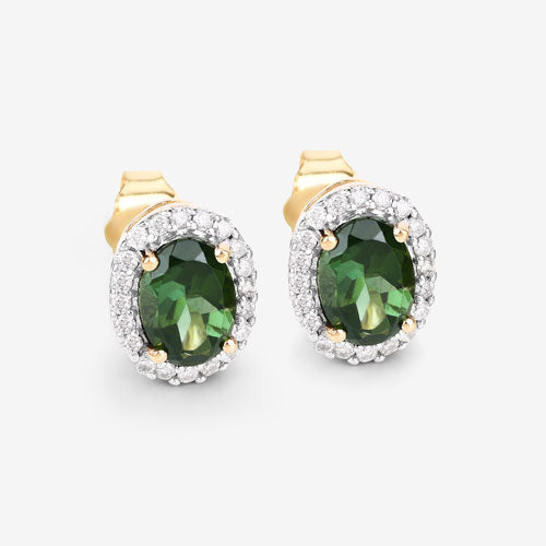 Aretes de oro amarillo de 14 quilates con turmalina verde auténtica de 1,92 quilates y diamantes blancos