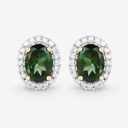 Aretes de oro amarillo de 14 quilates con turmalina verde auténtica de 1,92 quilates y diamantes blancos