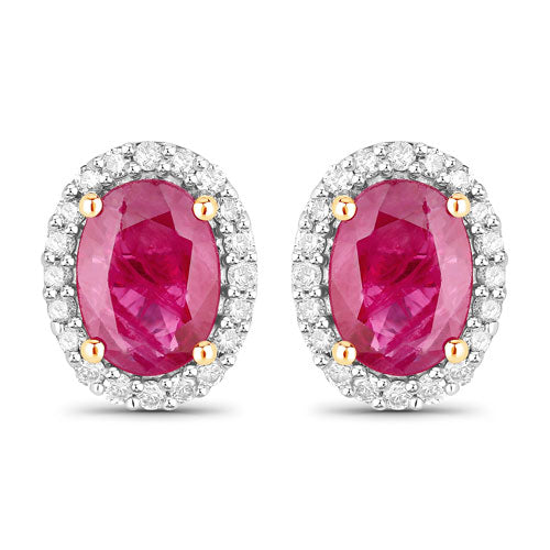 Pendientes de oro amarillo de 14 quilates con rubí genuino de 1,96 quilates y diamantes blancos