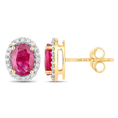 Pendientes de oro amarillo de 14 quilates con rubí genuino de 1,96 quilates y diamantes blancos