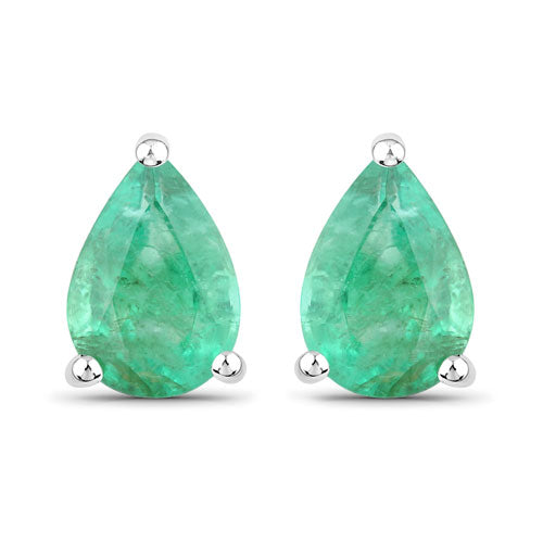 Pendientes de oro blanco de 14K con esmeralda zambiana auténtica de 1,30 quilates