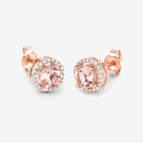 Pendientes de oro rosa de 14 quilates con morganita auténtica de 0,93 quilates y diamantes blancos