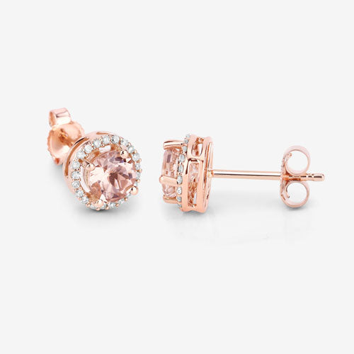 Pendientes de oro rosa de 14 quilates con morganita auténtica de 0,93 quilates y diamantes blancos
