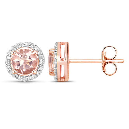 Pendientes de oro rosa de 14 quilates con morganita auténtica de 0,93 quilates y diamantes blancos