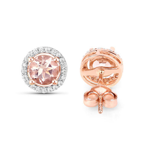 Pendientes de oro rosa de 14 quilates con morganita auténtica de 0,93 quilates y diamantes blancos