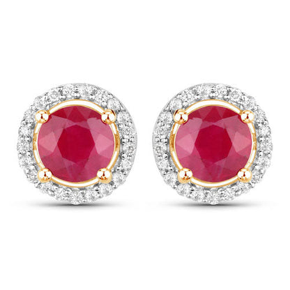 Pendientes de oro amarillo de 14 quilates con rubí auténtico de 1,22 quilates y diamantes blancos