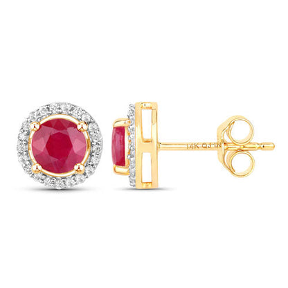 Pendientes de oro amarillo de 14 quilates con rubí auténtico de 1,22 quilates y diamantes blancos