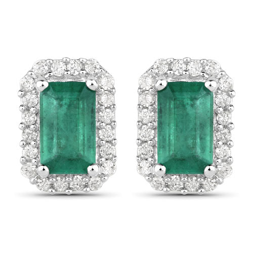 Pendientes de oro blanco de 14 quilates con esmeralda zambiana auténtica de 0,91 quilates y diamantes blancos
