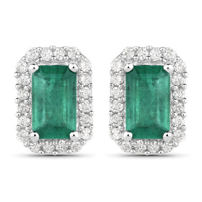 Pendientes de oro blanco de 14 quilates con esmeralda zambiana auténtica de 0,91 quilates y diamantes blancos