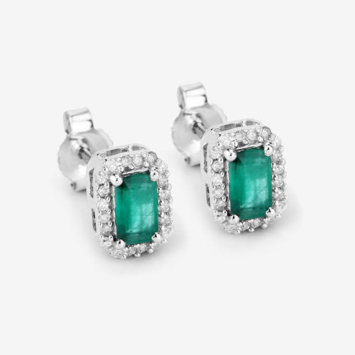Pendientes de oro blanco de 14 quilates con esmeralda zambiana auténtica de 0,91 quilates y diamantes blancos