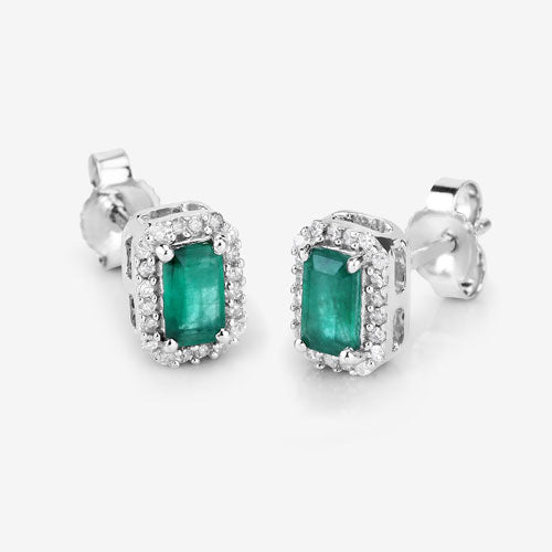 Pendientes de oro blanco de 14 quilates con esmeralda zambiana auténtica de 0,91 quilates y diamantes blancos