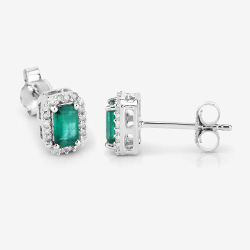 Pendientes de oro blanco de 14 quilates con esmeralda zambiana auténtica de 0,91 quilates y diamantes blancos