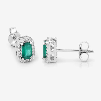 Pendientes de oro blanco de 14 quilates con esmeralda zambiana auténtica de 0,91 quilates y diamantes blancos