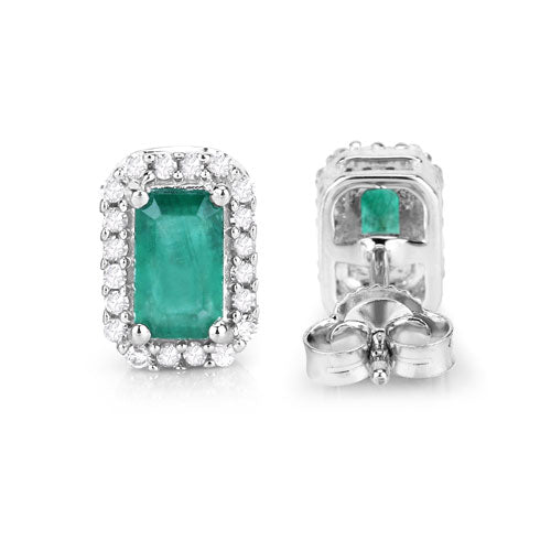 Pendientes de oro blanco de 14 quilates con esmeralda zambiana auténtica de 0,91 quilates y diamantes blancos