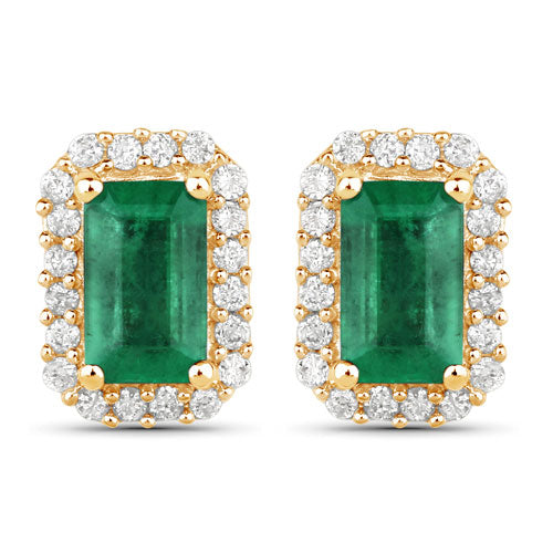 Pendientes de oro amarillo de 14 quilates con esmeraldas auténticas de Zambia de 0,91 quilates y diamantes blancos