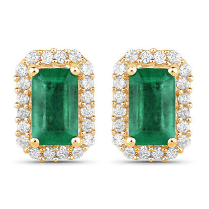 Pendientes de oro amarillo de 14 quilates con esmeraldas auténticas de Zambia de 0,91 quilates y diamantes blancos
