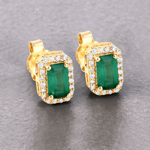 Pendientes de oro amarillo de 14 quilates con esmeraldas auténticas de Zambia de 0,91 quilates y diamantes blancos