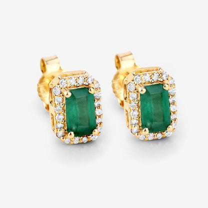 Pendientes de oro amarillo de 14 quilates con esmeraldas auténticas de Zambia de 0,91 quilates y diamantes blancos