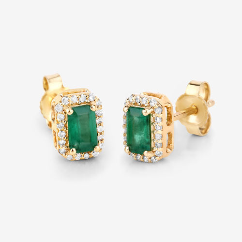 Pendientes de oro amarillo de 14 quilates con esmeraldas auténticas de Zambia de 0,91 quilates y diamantes blancos