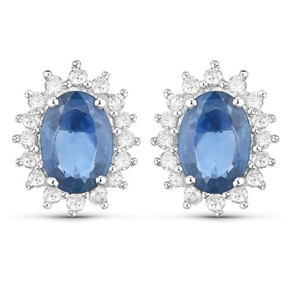 Pendientes de Oro Blanco de 14K con Zafiros Azules Genuinos de 2,22 Quilates y Diamantes Blancos