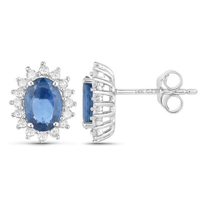 Pendientes de Oro Blanco de 14K con Zafiros Azules Genuinos de 2,22 Quilates y Diamantes Blancos
