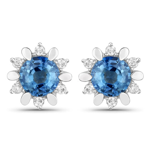 Pendientes de oro blanco de 14 quilates con zafiro azul auténtico de 1,87 quilates y diamantes blancos