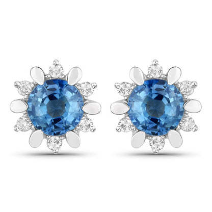Pendientes de oro blanco de 14 quilates con zafiro azul auténtico de 1,87 quilates y diamantes blancos