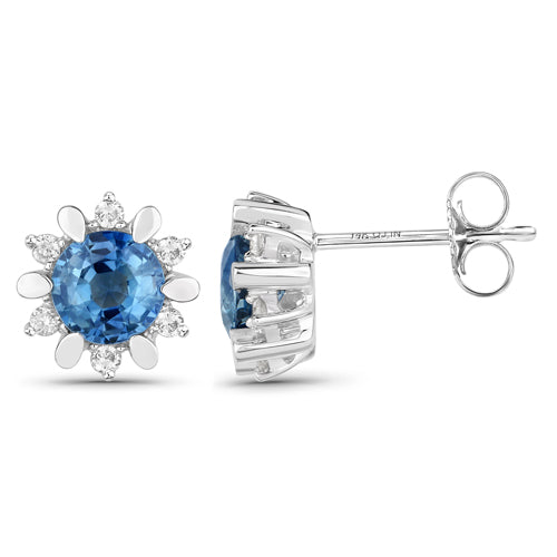 Pendientes de oro blanco de 14 quilates con zafiro azul auténtico de 1,87 quilates y diamantes blancos