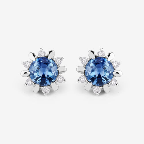 Pendientes de oro blanco de 14 quilates con zafiro azul auténtico de 1,87 quilates y diamantes blancos