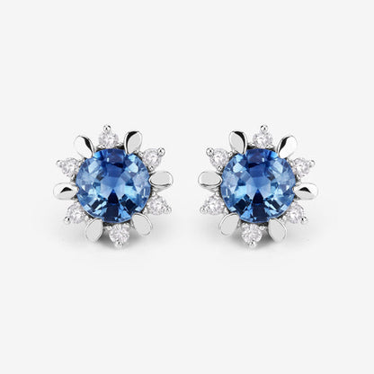 Pendientes de oro blanco de 14 quilates con zafiro azul auténtico de 1,87 quilates y diamantes blancos
