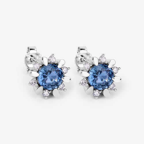Pendientes de oro blanco de 14 quilates con zafiro azul auténtico de 1,87 quilates y diamantes blancos