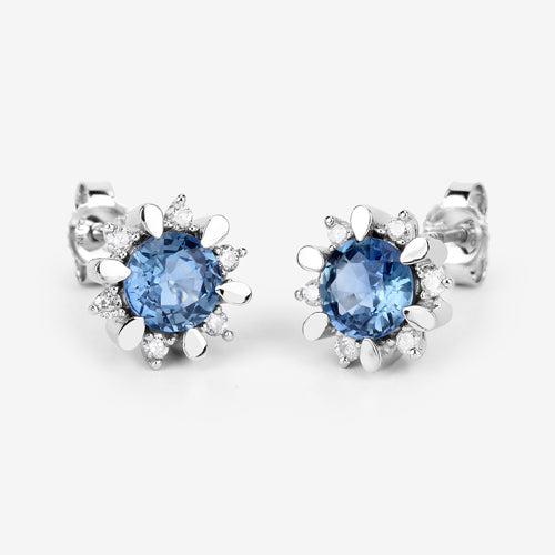 Pendientes de oro blanco de 14 quilates con zafiro azul auténtico de 1,87 quilates y diamantes blancos