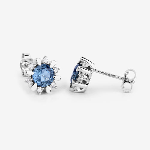 Pendientes de oro blanco de 14 quilates con zafiro azul auténtico de 1,87 quilates y diamantes blancos
