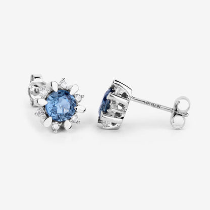 Pendientes de oro blanco de 14 quilates con zafiro azul auténtico de 1,87 quilates y diamantes blancos