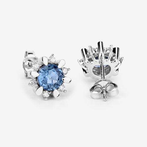 Pendientes de oro blanco de 14 quilates con zafiro azul auténtico de 1,87 quilates y diamantes blancos