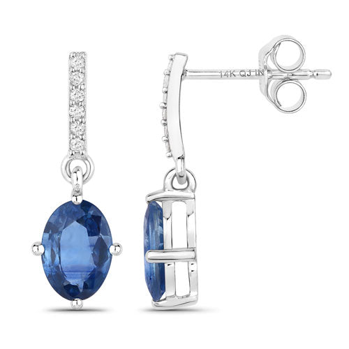 Aretes de 1,95 quilates de zafiro azul genuino y diamante blanco en oro blanco de 14K