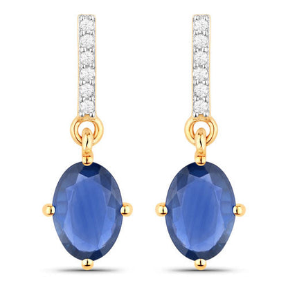 Pendientes de oro amarillo de 14K con zafiro azul genuino de 1.95 quilates y diamantes blancos