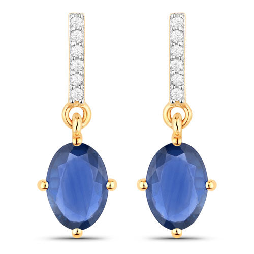 Pendientes de oro amarillo de 14K con zafiro azul genuino de 1.95 quilates y diamantes blancos