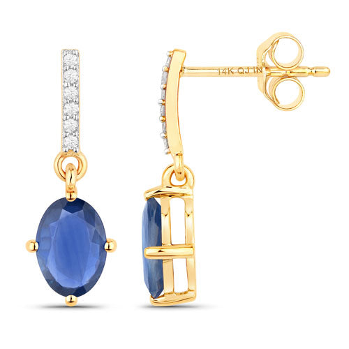 Pendientes de oro amarillo de 14K con zafiro azul genuino de 1.95 quilates y diamantes blancos
