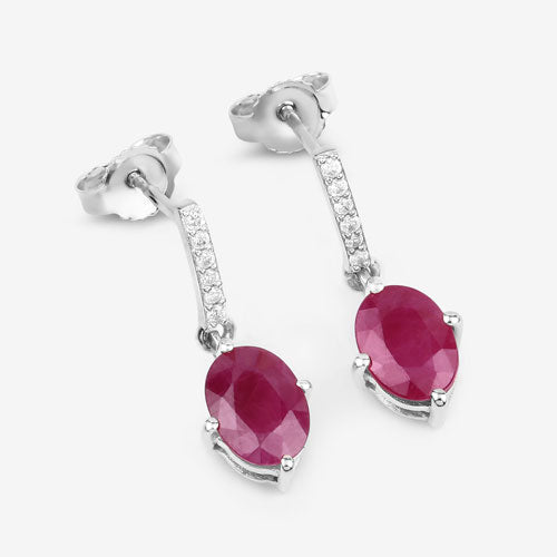 Pendientes de oro blanco de 10K con rubí auténtico de 1.75 quilates y diamantes blancos
