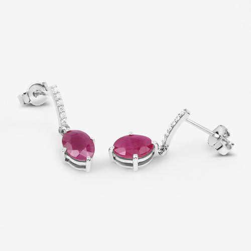 Pendientes de oro blanco de 10K con rubí auténtico de 1.75 quilates y diamantes blancos