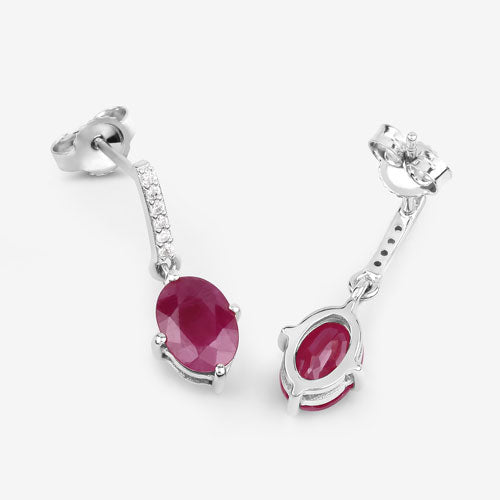 Pendientes de oro blanco de 10K con rubí auténtico de 1.75 quilates y diamantes blancos