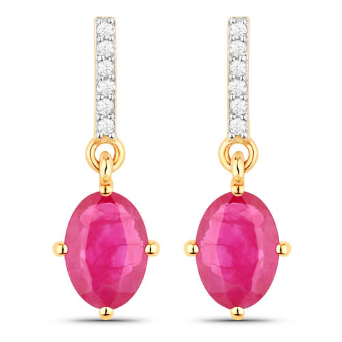 Pendientes de Oro Amarillo de 14K con Rubí Genuino de 1.75 Quilates y Diamantes Blancos