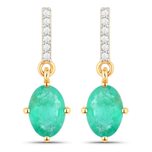 Pendientes de oro amarillo de 10K con esmeralda zambiana auténtica de 1,49 quilates y diamantes blancos