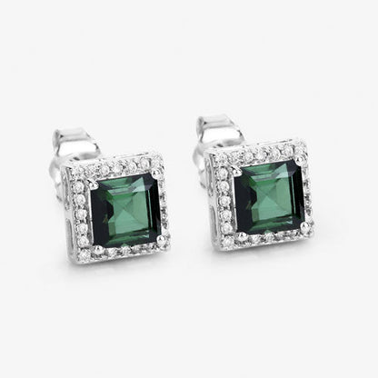 Pendientes de oro blanco de 14 quilates con turmalina verde genuina de 1,55 quilates y diamantes blancos